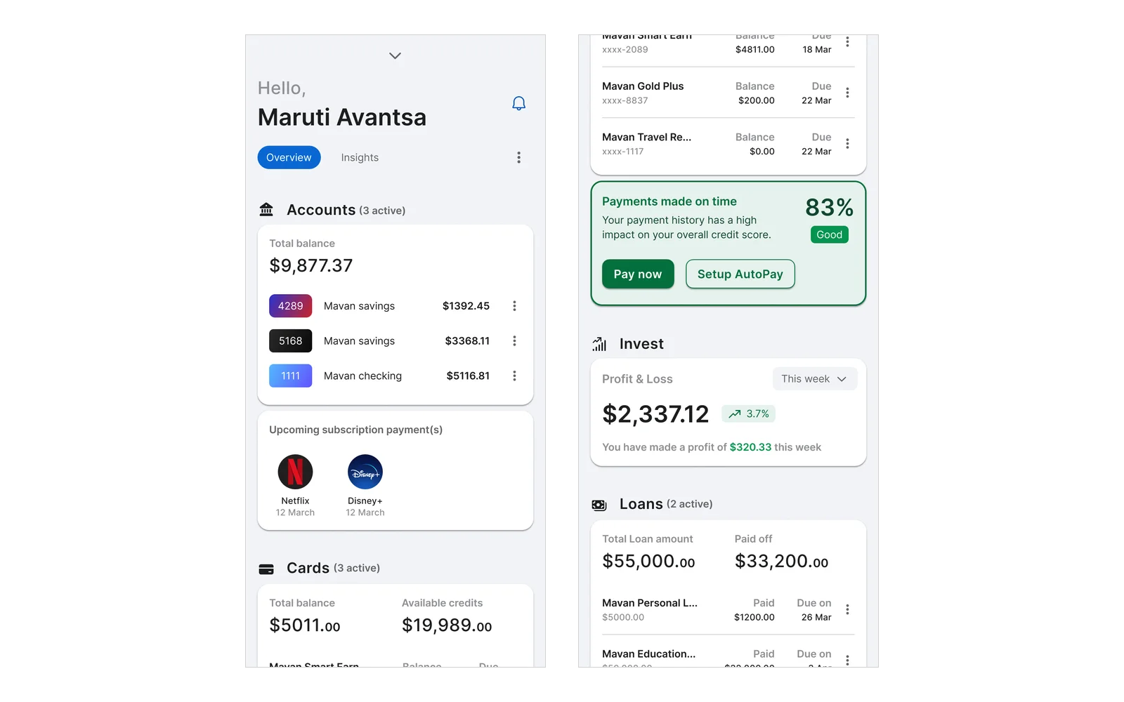 Two screens’ worth of the account overview: the balance, accounts and subscriptions due, then the cards, the week’s investment profit and loss, and the loans.