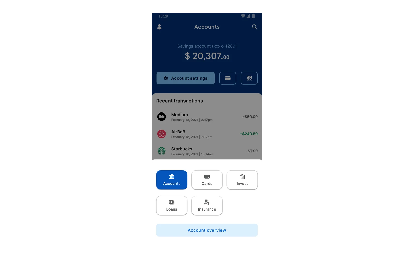 The switcher sheet over the Accounts screen, as the app presents it: five product tiles with Accounts current, and a link to the account overview.