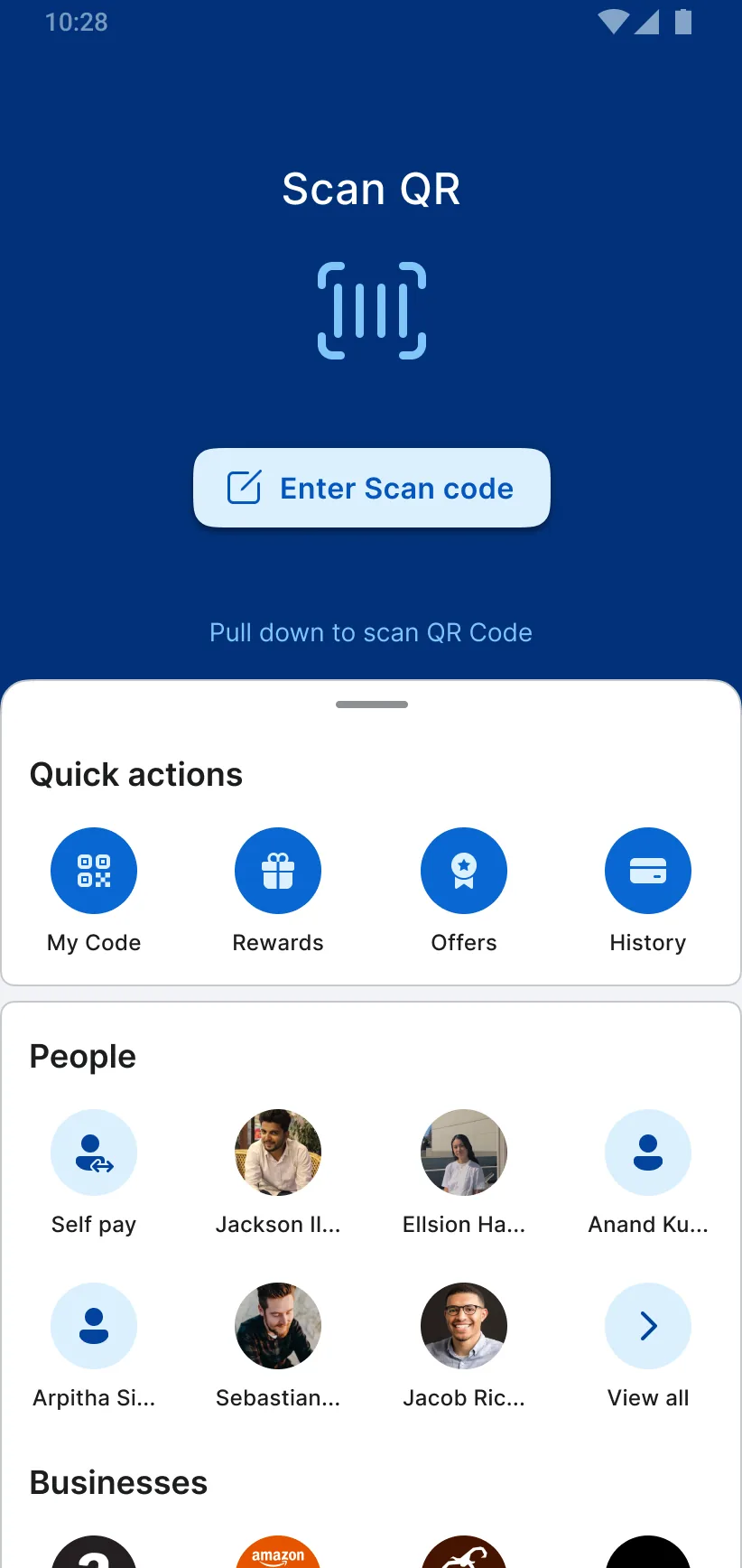The Pay screen: a Scan QR panel at the top, a row of quick actions, and the people paid before.