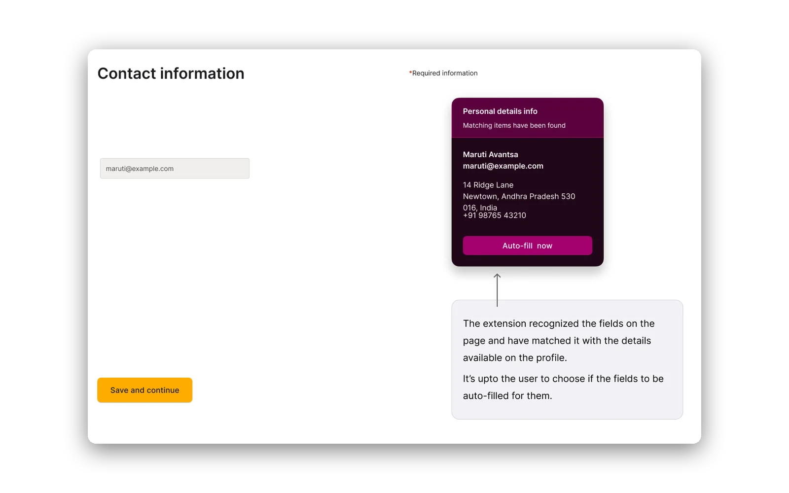 The extension’s panel standing over an empty apply form on a generic careers site: a heading reading matching items have been found, four rows holding a name, an email, an address and a phone number, and one button under them.