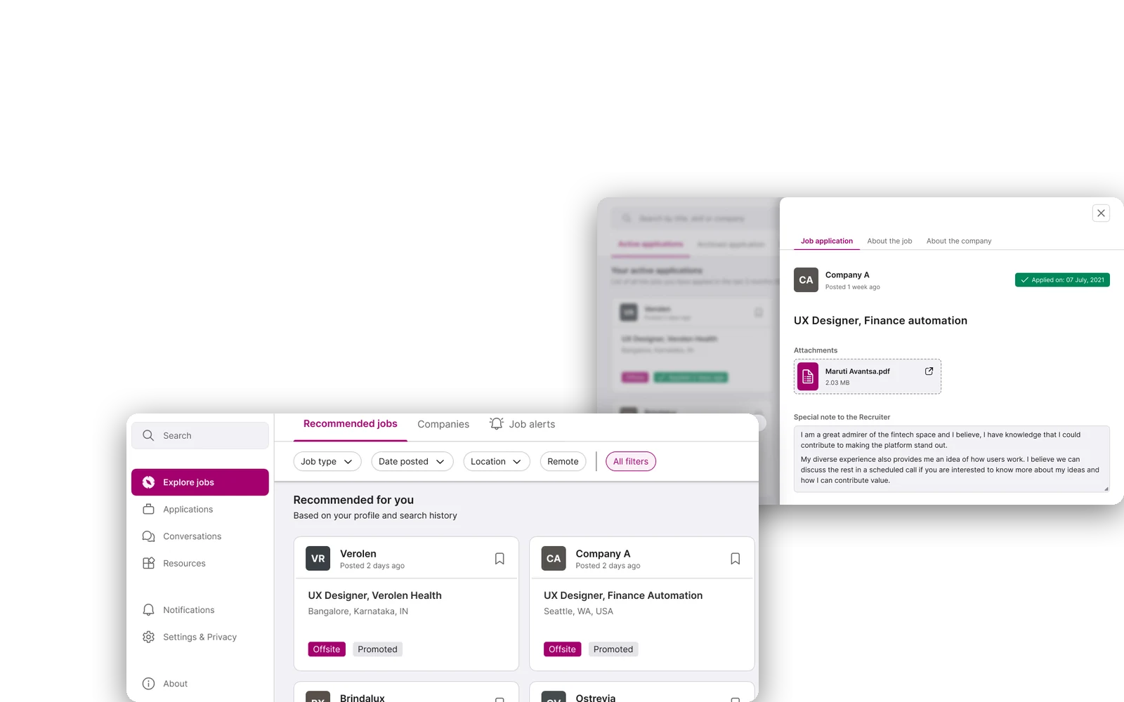 Two screens set side by side: a three-column grid of job cards, each with a letter mark, a company name, a role and a small status pill, and a list of applications with applied-on dates and one detail drawer open on the right.