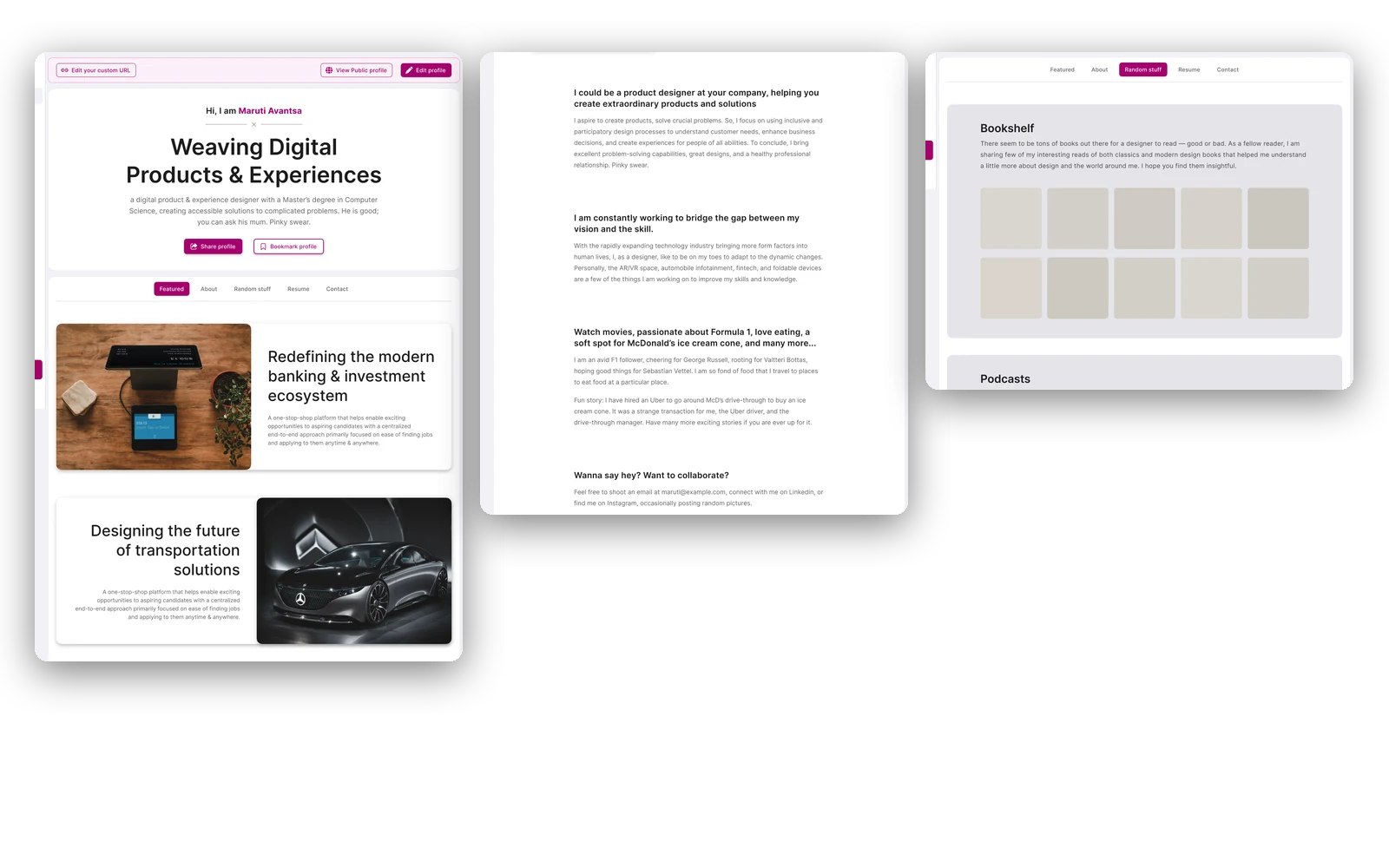 Three profile tabs composed together: a headline over three featured work cards, an about tab of four short written answers under bold prompts, and two rows of blank book and podcast covers.
