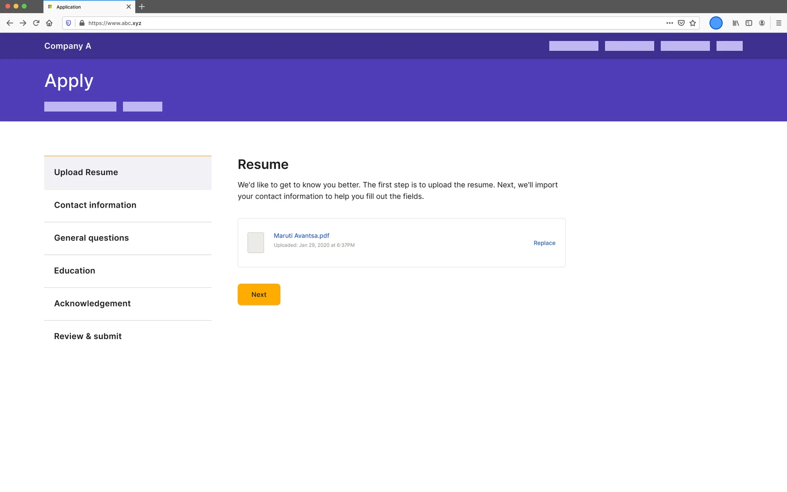 A six-step apply form on a plain careers site, open on its first step, with one uploaded résumé file listed and the rest of the form untouched.