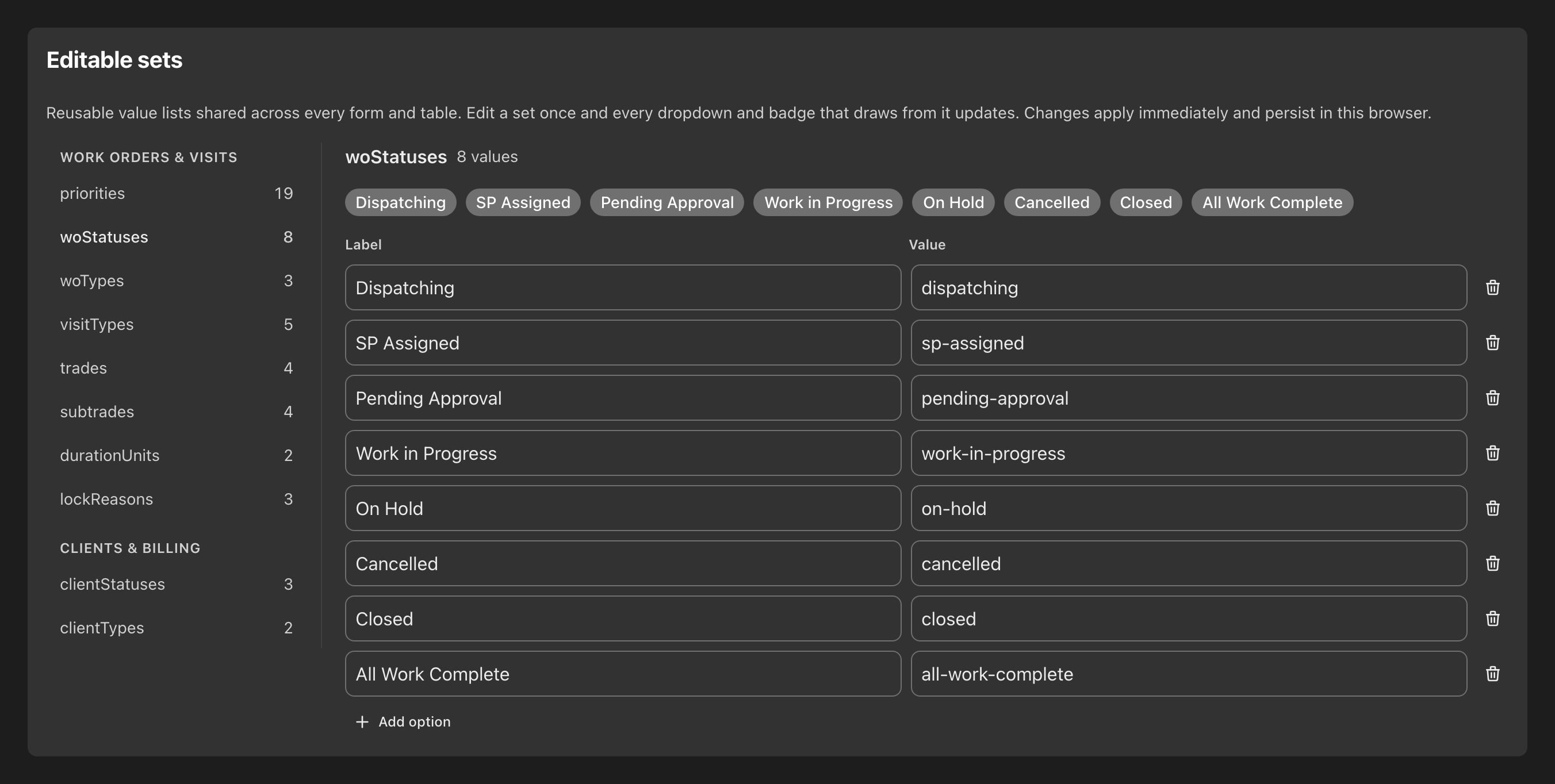The Option sets screen with the work-order status set open: eight values, each with its label and its stored value, the one place every dropdown and badge on the product draws from.